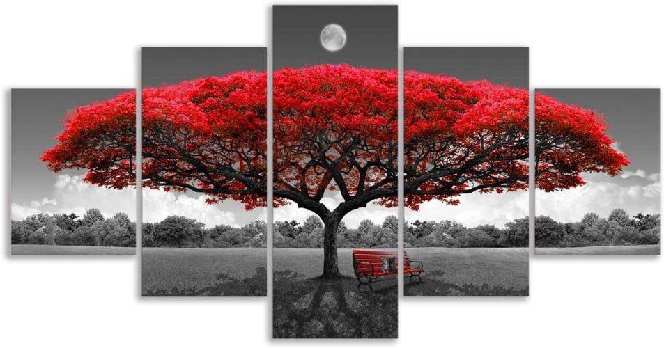 Canvas Wall Art Red Tree Wall Art with Moon Black and White Framed Artwork Landscape Pictures for Wall Decor Large Pictures for Living Room 5 Pieces Canvas Wall Art Red Tree Wall Art with Moon Black and White Framed Artwork Landscape Pictures for Wall Decor Large Pictures for Living Room 5 Pieces